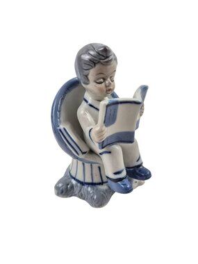 Blue And White Porcelain Figurine Boy Reading In Chair Japan Vintage Home Decor